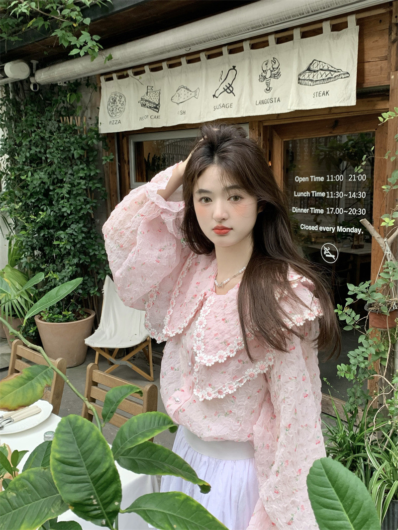 Doll Collar Heavy-duty Sweet Patchwork Wood Ear Edge Pleated Shirt