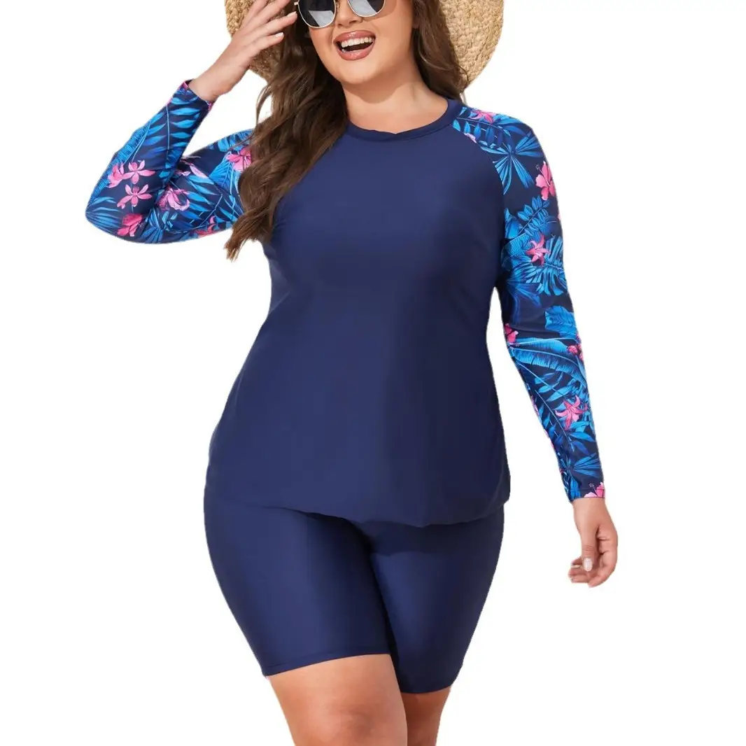Split Boxer Long Sleeve Tankini Women's Plus-sized Swimsuit