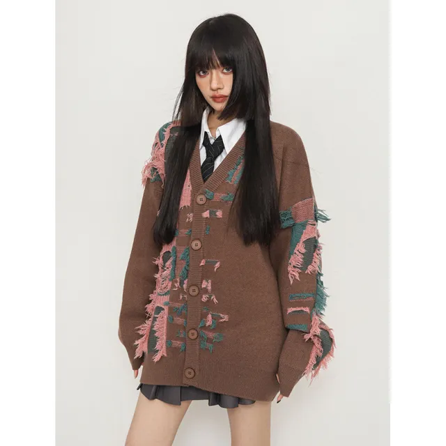 Retro Shabby Stitching Idle Style V neck Cardigan Sweater Coffee Pink - Shop at LoveMi