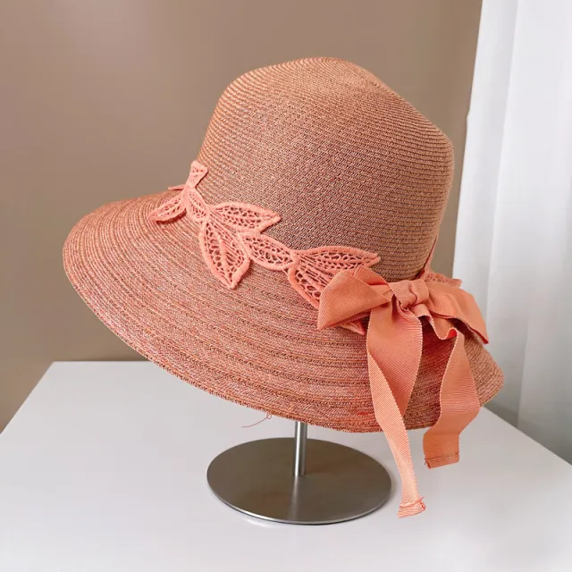 Lace Flower Leaf Ribbon Bowknot Bucket Hat Orange - Shop at LoveMi