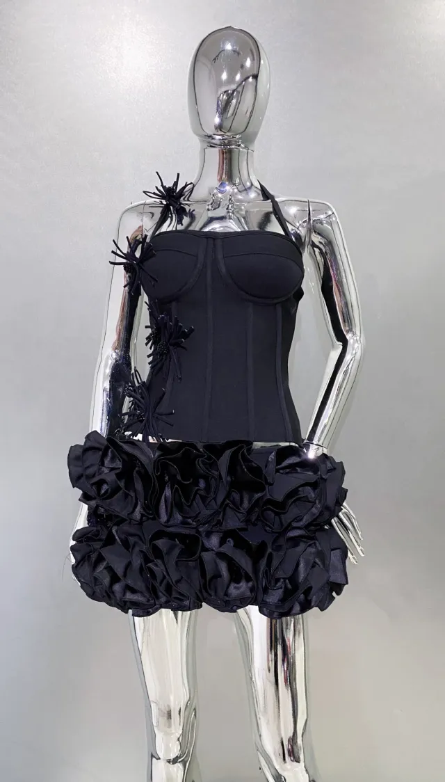 Bandage Vest Flower Evening Dress Two piece Suit Black - Shop at LoveMi