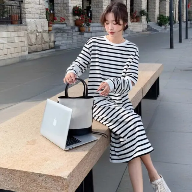 Women's Plus Size Black And White Hooded Knitted Long Dress Casual Striped Dress Sweater White - Shop at LoveMi