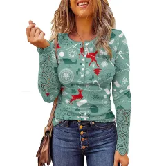 Lace Christmas Printed Button Round Neck Long Sleeve Bottoming Shirt - Picture Flower 10-Xxl - View 1