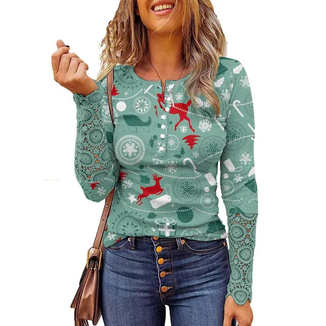 Lace Christmas Printed Button Round Neck Long Sleeve Bottoming Shirt Picture Flower 10 Xxl - Shop at LoveMi