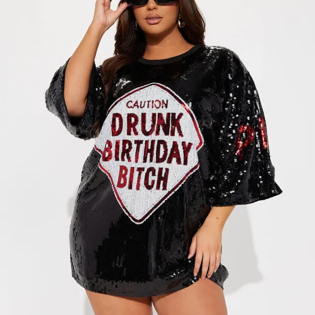 Sequins Glitter Letter Embroidery Loose T shirt Skirt Black - Shop at LoveMi