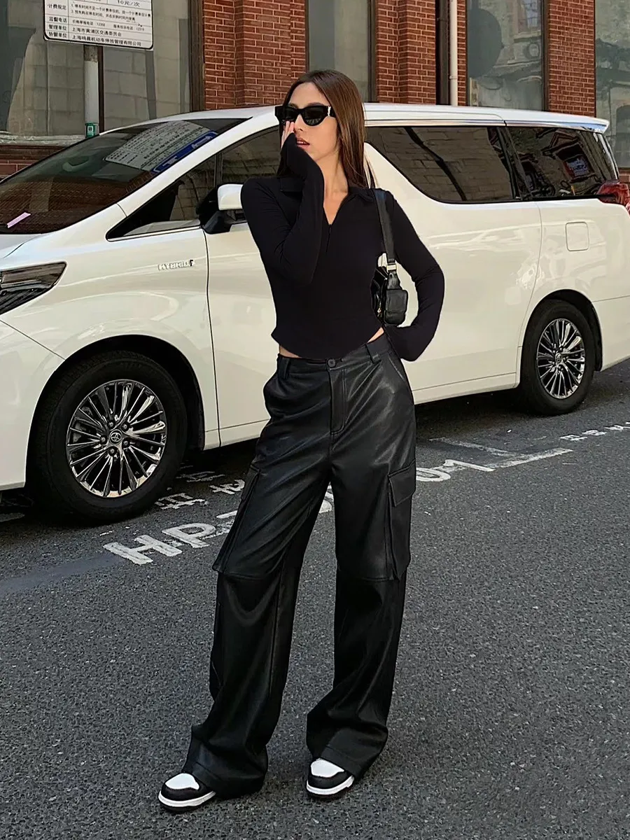 Dralon Graceful Stand Collar Two Sides Pleated Bottoming Slim Fit Slimming Shirt - Black