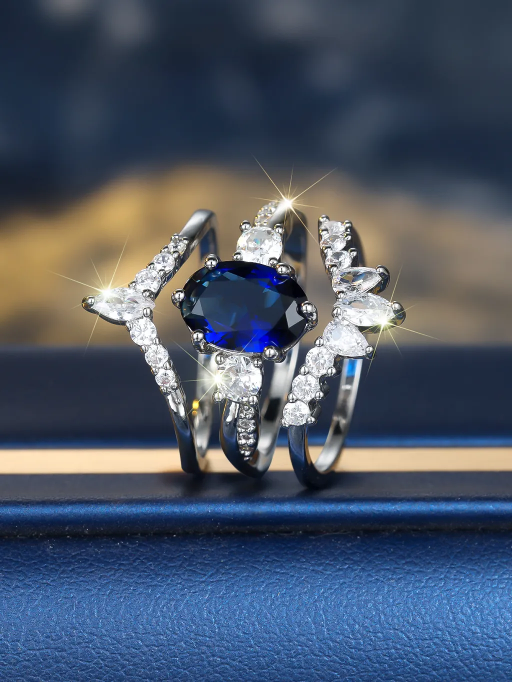 Platinum Egg-shaped Sapphire Blue Diamond Water Drop Shining Three-piece Unique Ring - Silver Sapphire Blue Diamond