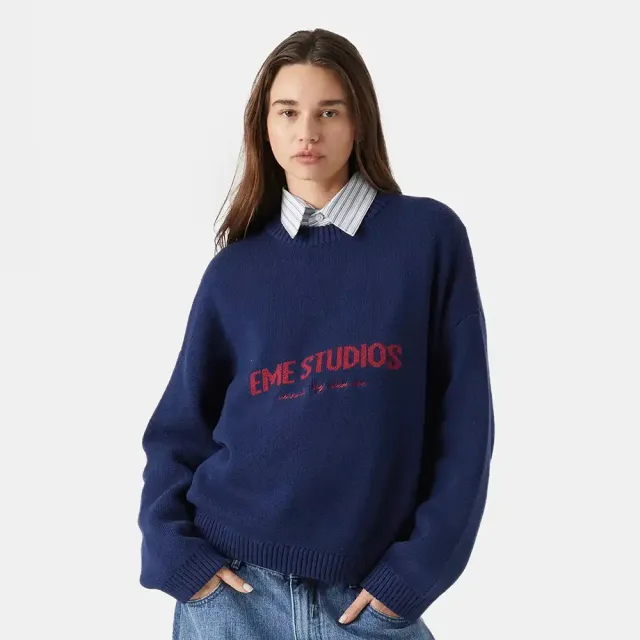 Knitted Pullover Loose Embroidered Sweater For Women Blue - Shop at LoveMi