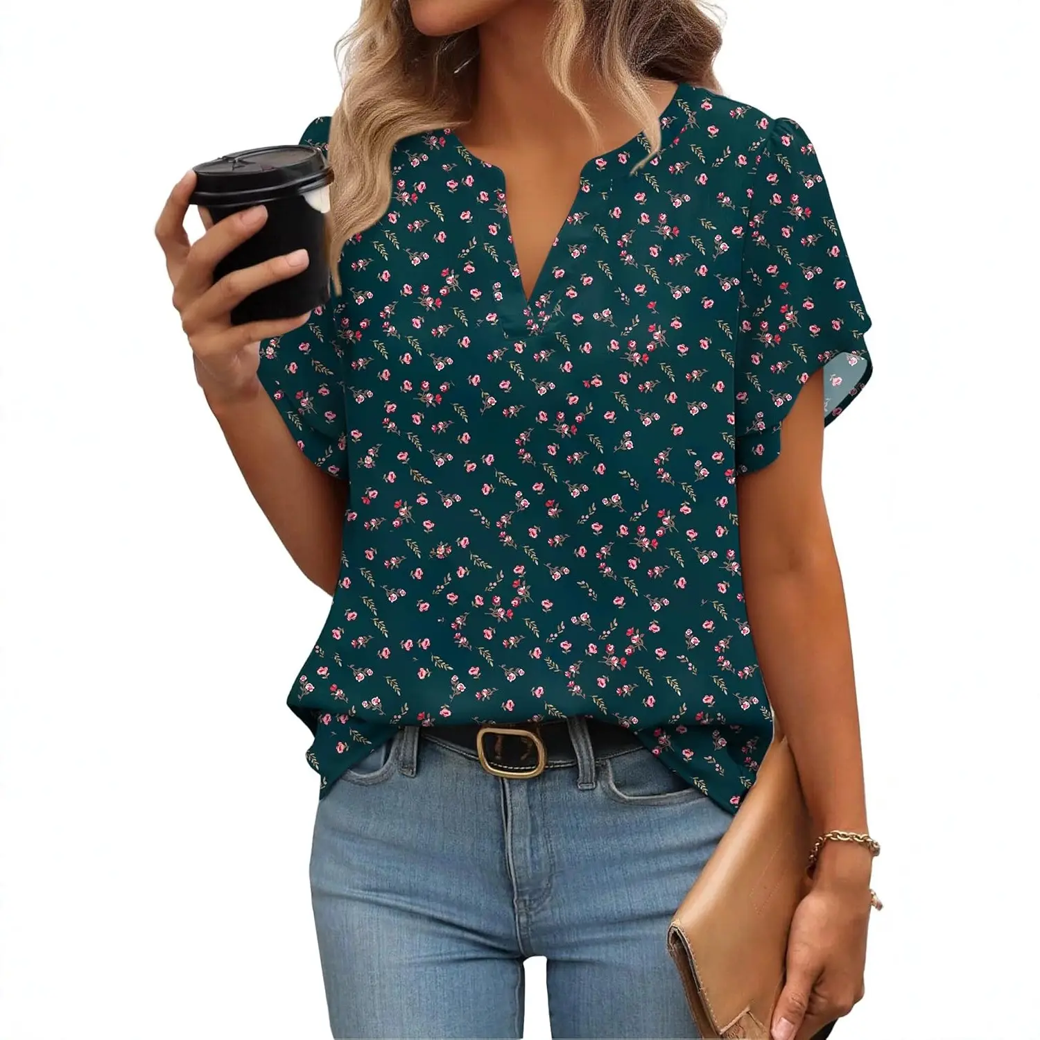 Womens V-neck Short-sleeve Chiffon Blouse