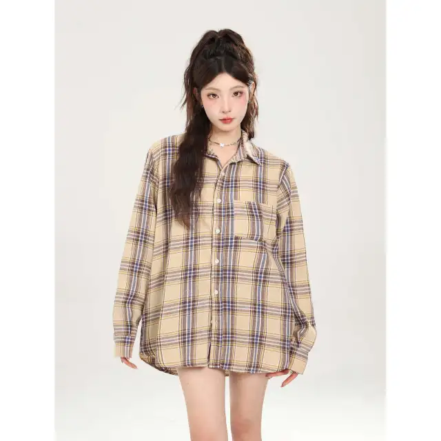 Retro Mid length Sun Protection Shirt Coat Women Apricot Plaid - Shop at LoveMi