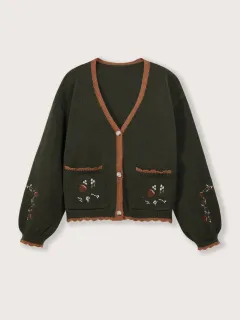 Lace Olive Green Pocket Embroidered Button Knitted Coat - Olive Green - View 1