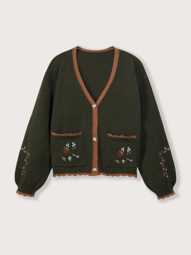 Lace Olive Green Pocket Embroidered Button Knitted Coat Olive - Shop at LoveMi