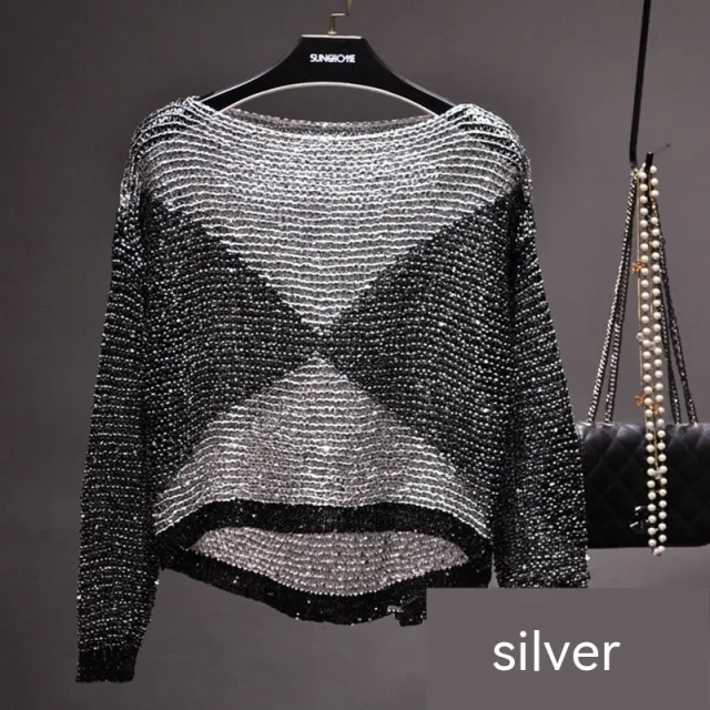 Hollow out Sequin Loose Sweater Pullover Fil Lumiere Underwear Blouse Long Sleeve Round Silver - Shop at LoveMi