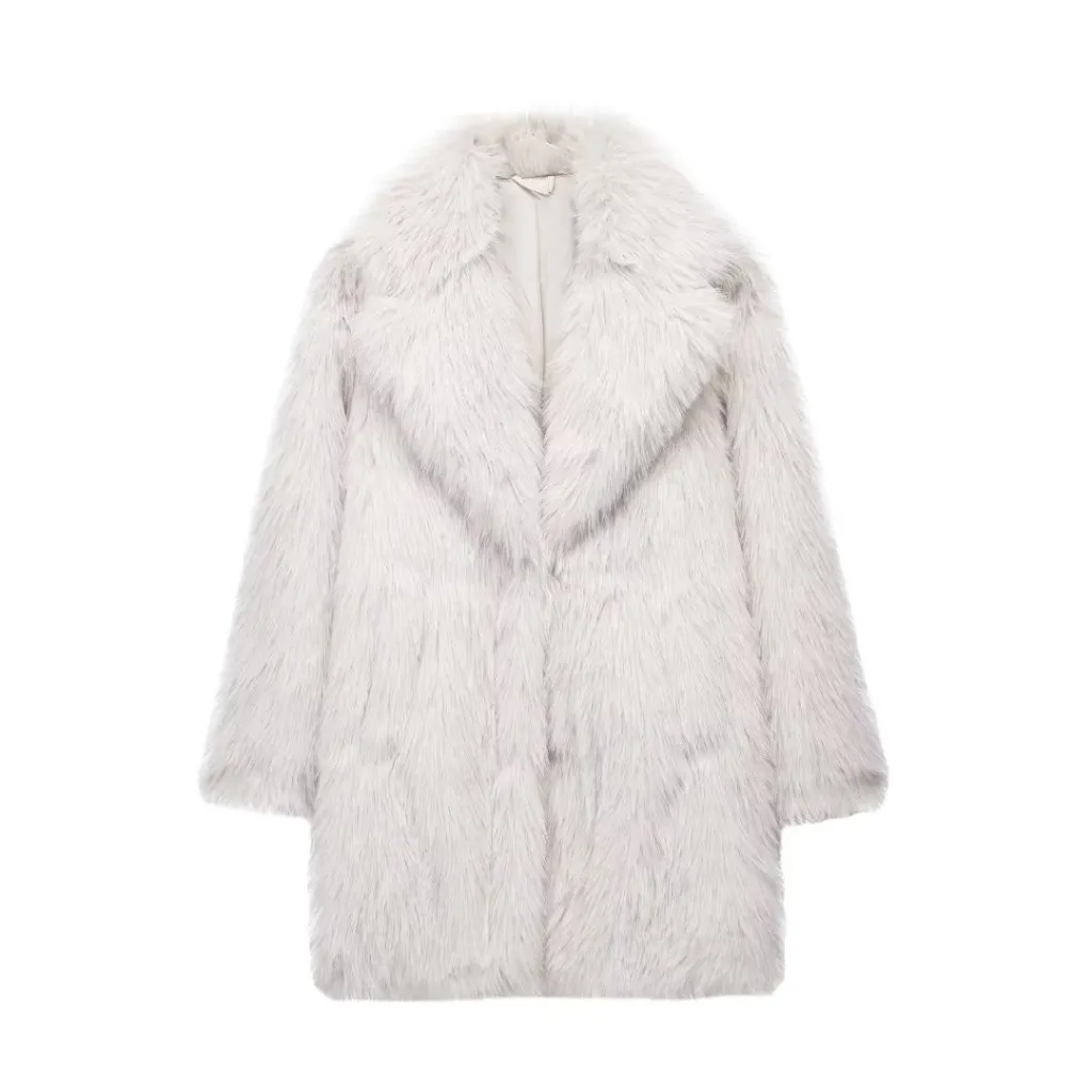 Women's Clothing Artificial Fur Warm Three-quarter Coat Thick Coat Top - White