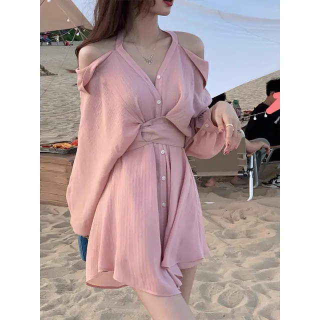 Off the shoulder Long Sleeve Dress Women's Early Autumn High grade V neck Shirt Dress Shorts Pink - Shop at LoveMi