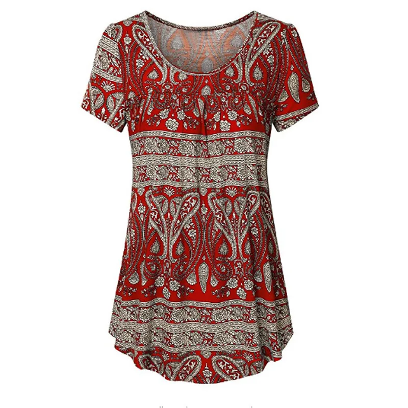 Summer Printed Loose Oversize Women's Short Sleeved Dress T-shirt - Red