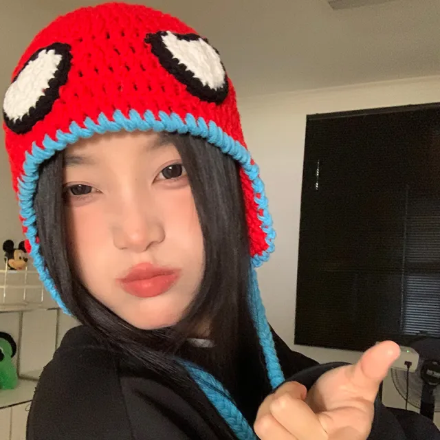Autumn And Winter Pullover Cartoon Cute Funny Ear Protection Hand woven Wool Hat Red - Shop at LoveMi