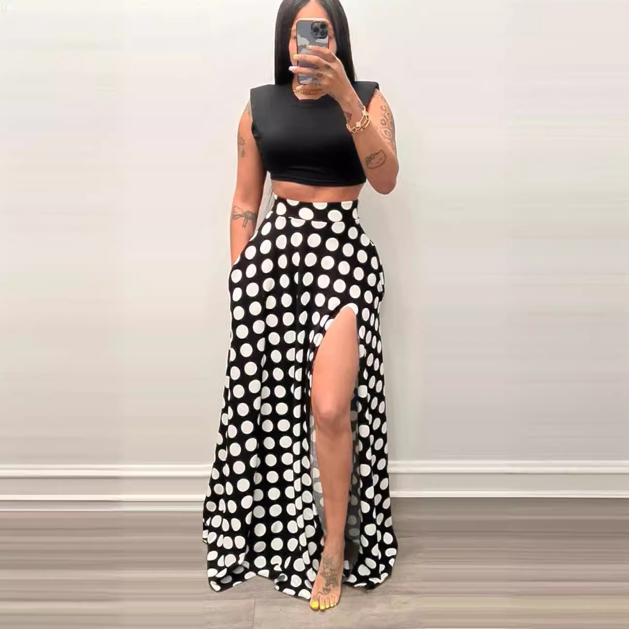 High-waisted Split Midi Skirt With A Polka Dot Print