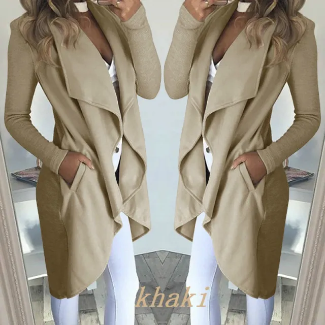 Women's Plus Size Solid Color Polo Collar Slim Fit Long Trench Coat Khaki - Shop at LoveMi