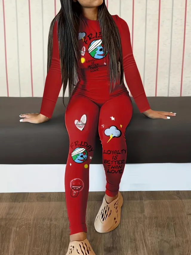 Graffiti Printing Casual Two piece Suit Round Neck Long Sleeve Top Red - Shop at LoveMi
