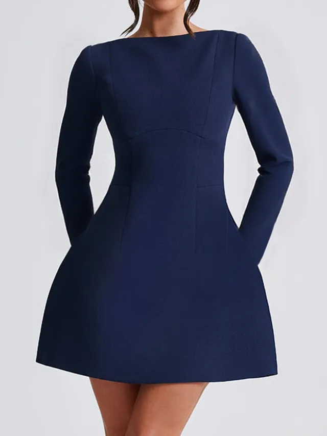 Elegant Style Solid Color Long Sleeve Women's Dress Navy - Shop at LoveMi