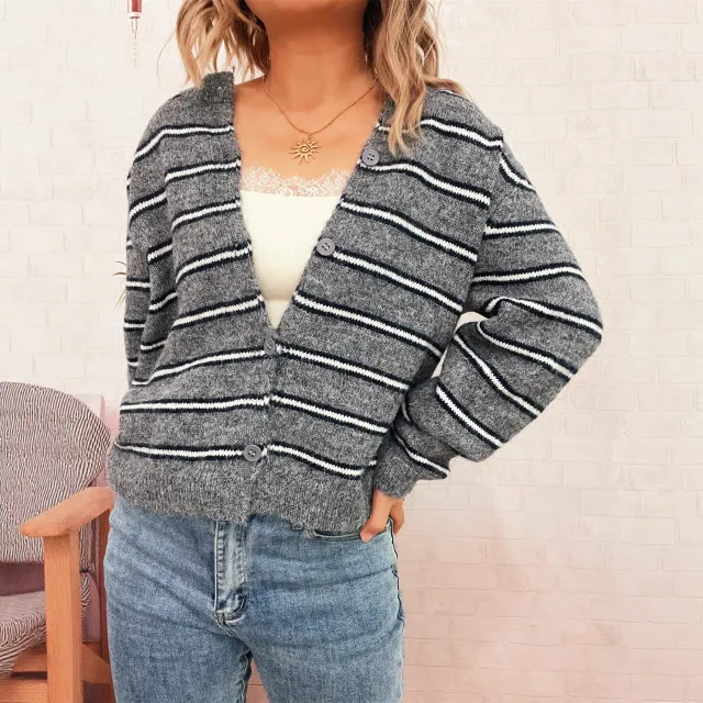 Striped Contrast Color Knitted Cardigan Simple Commute Round Neck Sweater Gray - Shop at LoveMi