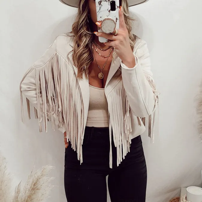Women's Slim-fit Long-sleeved Tassel Coat - Apricot