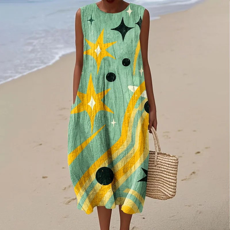 Sleeveless Dress Large Version Loose-fitting Casual Round-neck 3D Printing