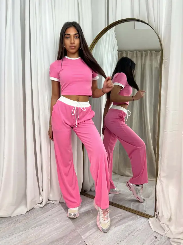 Womens Short Sleeve Drawstring Wide Leg Pants Two Piece Set Rose - Shop at LoveMi