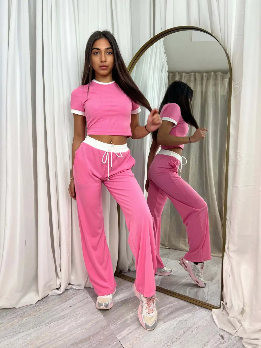 Womens Short-Sleeve Drawstring Wide-Leg Pants Two-Piece Set - Rose