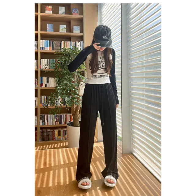 Personalized Mid line Design Wide leg Summer New High Waist Slimming Loose Lace up Casual Pants Black - Shop at LoveMi