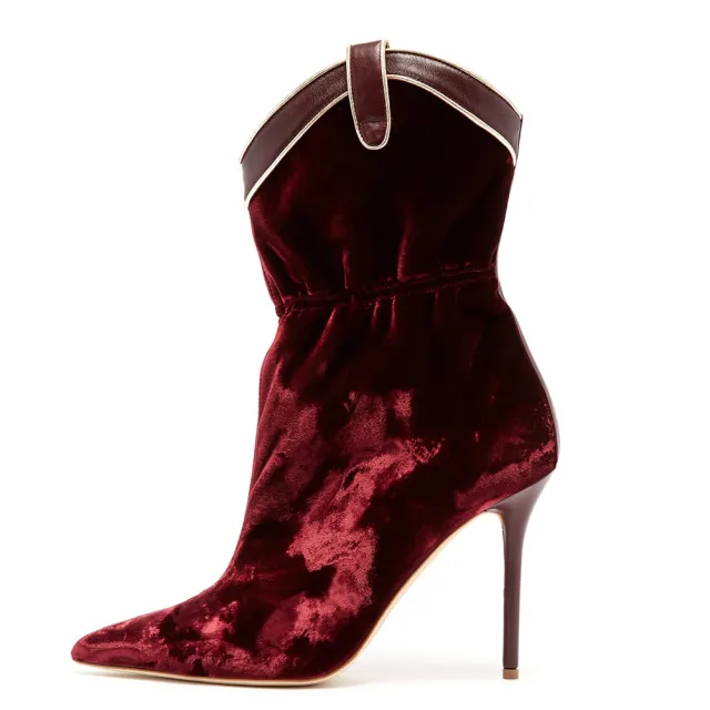 Wine Red Velvet Pointed Toe High Heel Short Ankle Wine - Shop at LoveMi