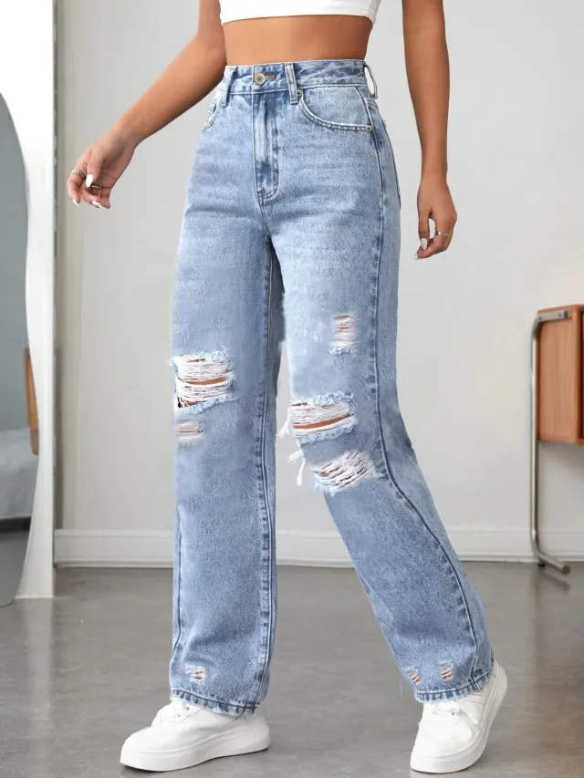 Ripped Straight Denim Women's Loose Trousers Blue - Shop at LoveMi