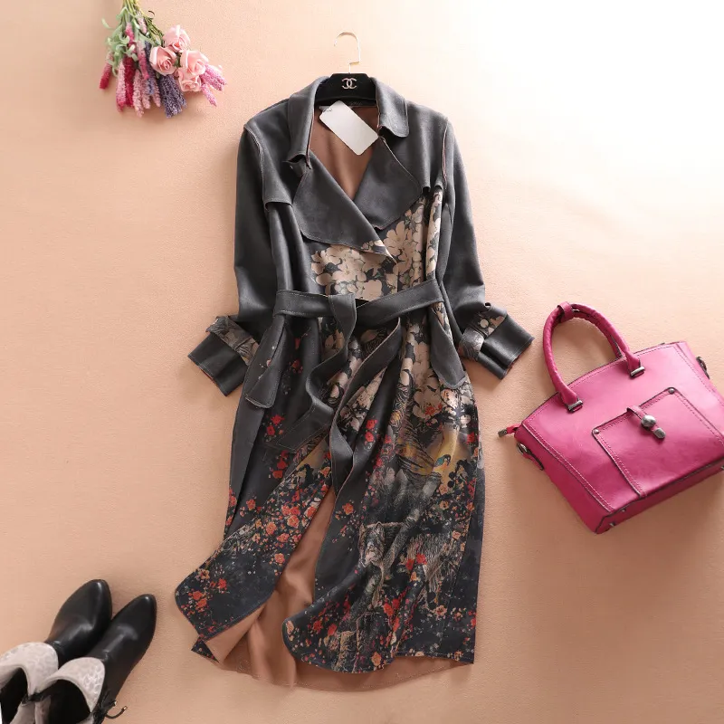 Suit Collar Deerskin Velvet Long Sleeve Plus Size Trench Coat - Grey