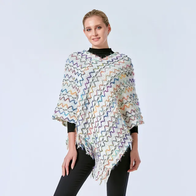 Idle Style V neck Tassel Rainbow Cape Sweater For Women Color Curved White - Shop at LoveMi
