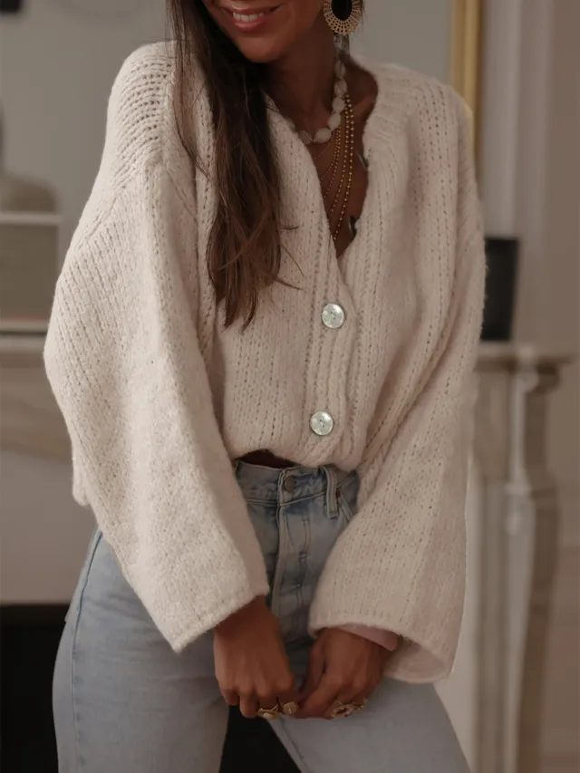New French Elegant Solid Color Single breasted Sweater Women Apricot - Shop at LoveMi