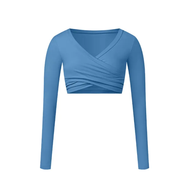 Tight Long Sleeve Cross Layered Sports Long Sleeve Brushed Top Blue - Shop at LoveMi