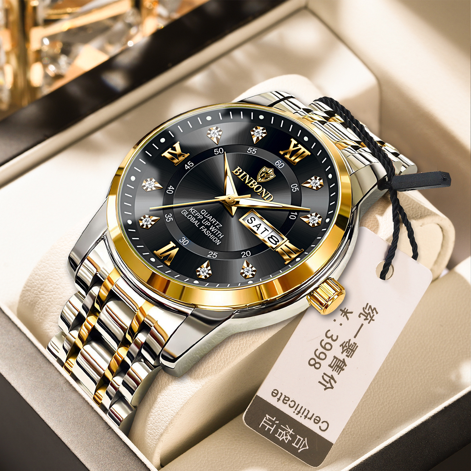 Binbang Business Light-Luxury Quartz Watch For Men Golden Black Men's Style