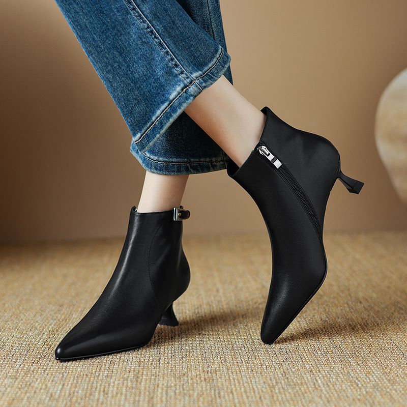 Womens Stylish Leather Pointed-Toe High-Heel Ankle Boots With Buckle Strap And Side Zipper
