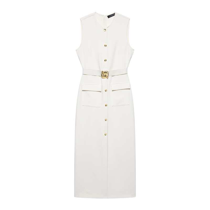 Sleeveless Round Neck Button Slim Fit Long Dress Fashion White - Shop at LoveMi