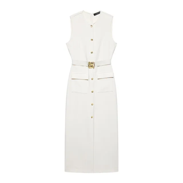 Sleeveless Round Neck Button Slim Fit Long Dress Fashion White - Shop at LoveMi