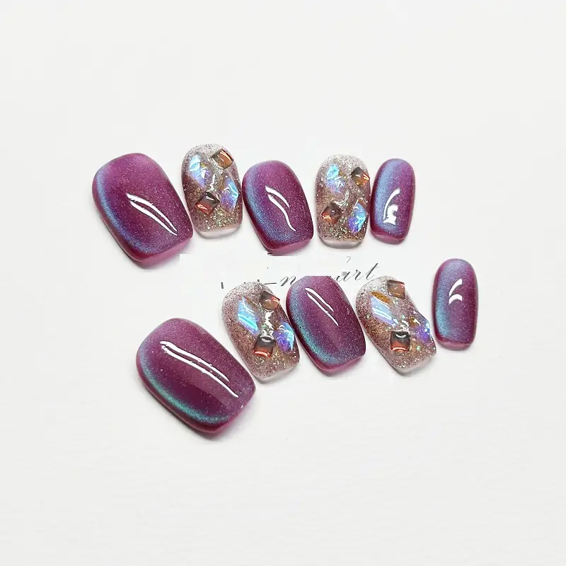 Handmade Wear Nail Purple Cat Eye Finished Short Nail Sticker Detachable