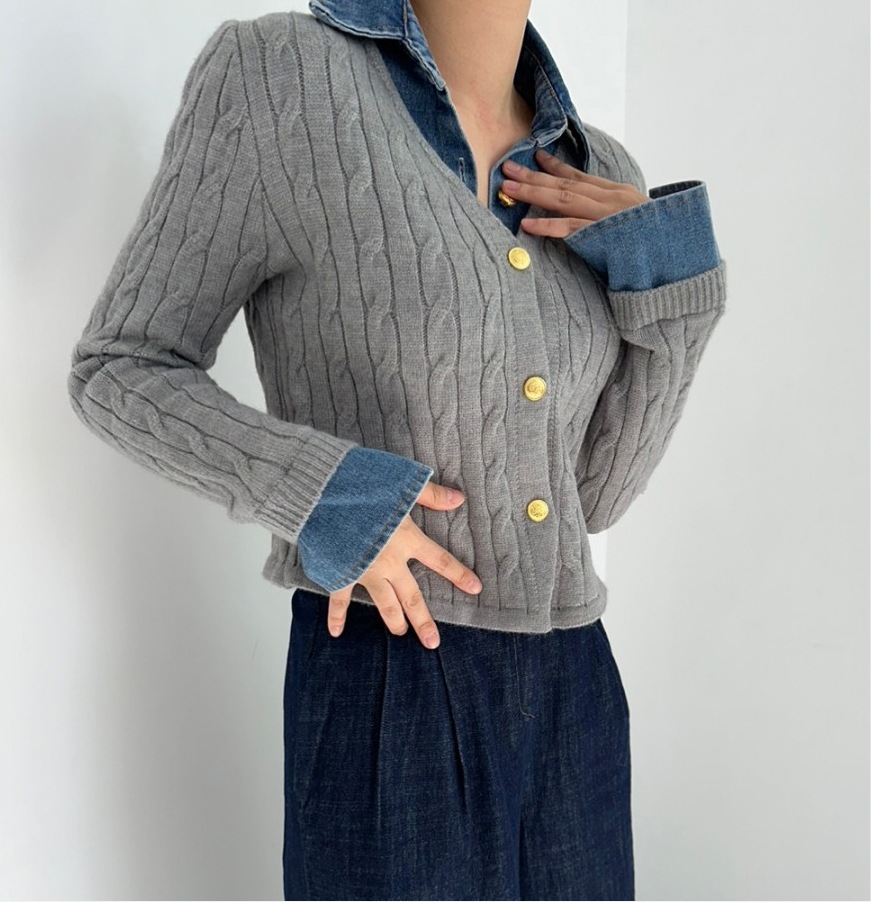 Title 15, Maglione a maniche lunghe con cuciture in denim...