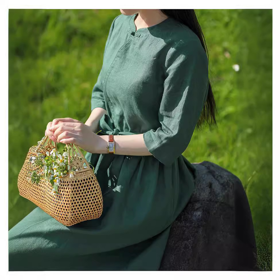 Women's Cotton And Linen Chinese Stand Collar Short Sleeve Dress