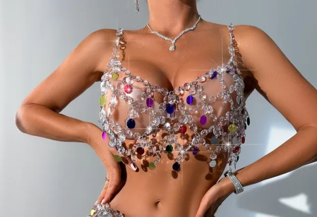 Stage Performance Sexy Sling Color Chain Suit Silver Top - Shop at LoveMi