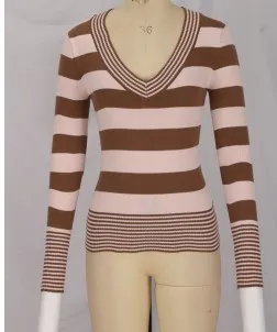 Women's Striped Peach Collar Tight Flared Sleeve Sweater Light Yellow - Shop at LoveMi