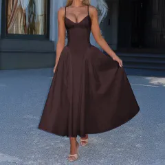 Elegant High-end Strapless Solid-color Long Dress - Brown - View 1