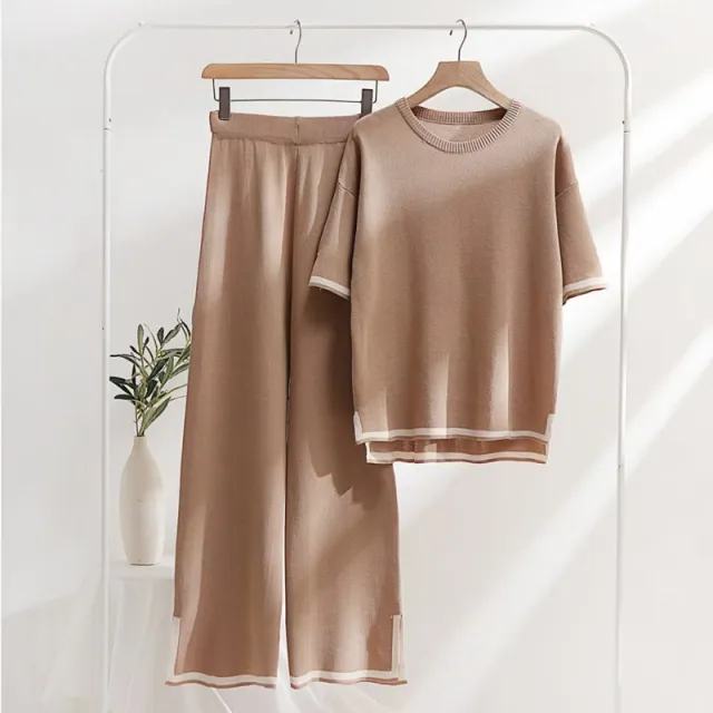 Patchwork Loose Sweater With Short Sleeves Top Split Trousers Knitting Suit Khaki - Shop at LoveMi