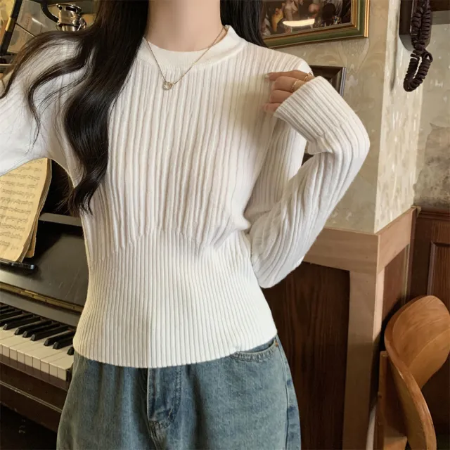 Korean Style Sunken Stripe Round Neck Long Sleeve Sweater White - Shop at LoveMi