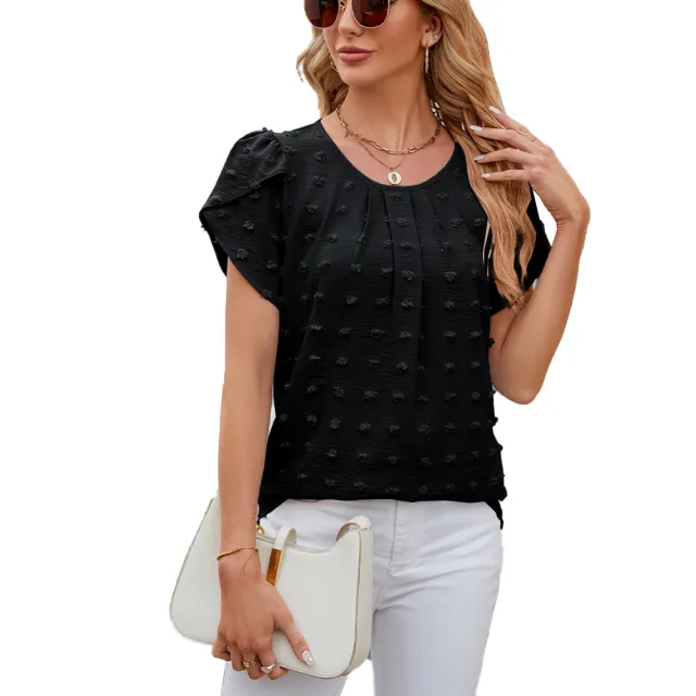 Jacquard Round Neck Petal Sleeve Solid Color Fur Ball Chiffon Shirt Top Black - Shop at LoveMi